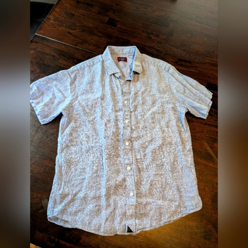 Untuckit Men's Blue 100% Linen Short Sleeve Button Up Shirt, Large